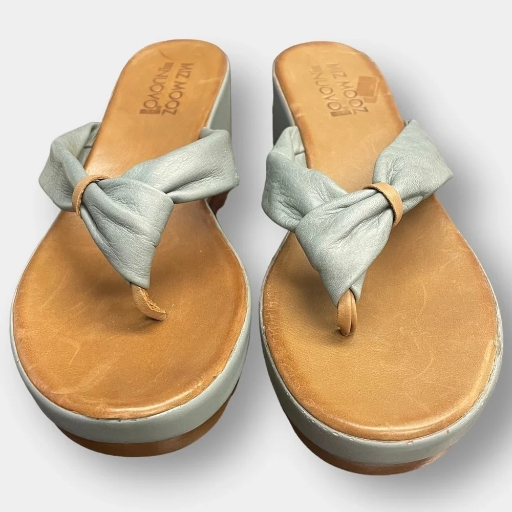 NEW Miz Mooz Inuovo Leather Wedge Blue Grey Brown Flip Flop Sandal Size 41